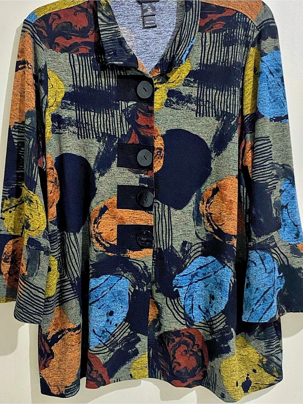 Ali miles Abstract Button-Front Cardigan Blouse Gray & Blue XL Like New